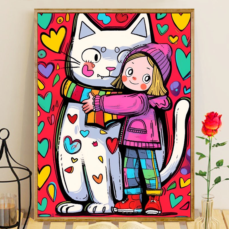 爱心暖猫 数字油画diy动物卡通解闷简单手工画涂鸦填色客厅装饰画