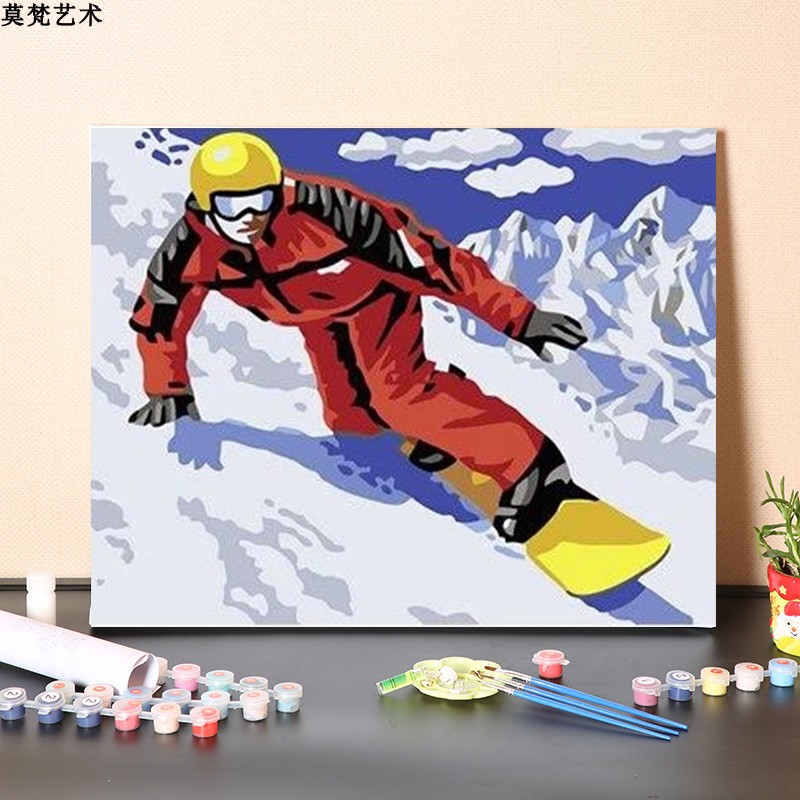 数字油画diy填充冬季滑雪运动手工填色画画滑雪者手绘画油彩画画
