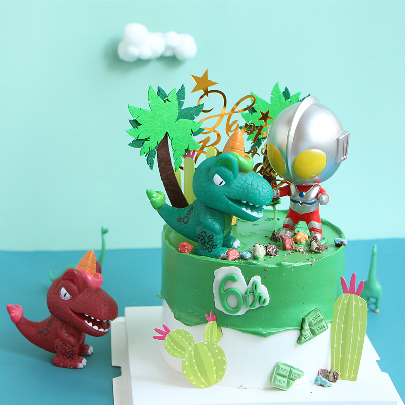 奥特曼蛋糕装饰摆件霸王龙男孩生日周岁儿童甜品绿色树叶插件配件