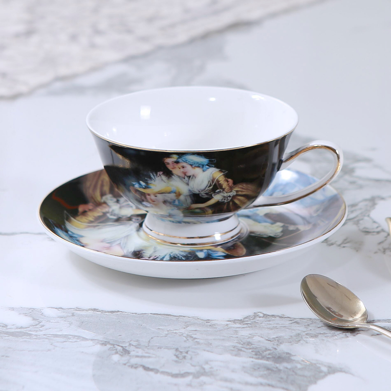 欧式宫廷风黑色西洋人物油画陶瓷咖啡杯碟送一瓷勺红茶花茶杯瑕疵
