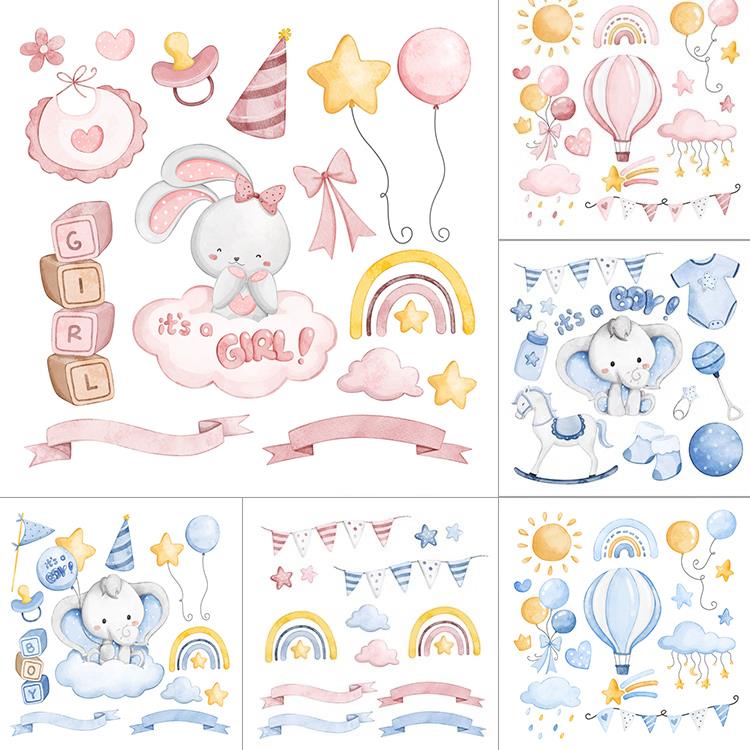 粉色蓝色卡通小飞象兔子热气球男女双胞胎宝宝生日彩虹插画AI素材