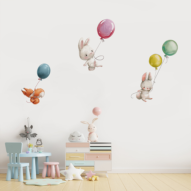 壹界造物色彩气球调皮兔子松鼠卡通贴画小孩房间装饰自粘墙贴纸