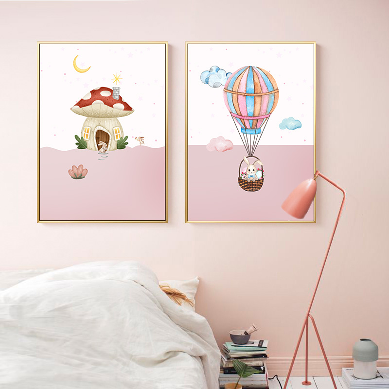 儿童房装饰画卧室墙壁卡通女孩房间挂画少女可爱兔子气球动物壁画