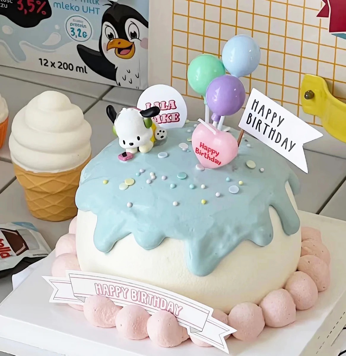 网红卡通帕恰狗生日蛋糕装饰摆件冰淇淋可爱小狗气球雨丝烘焙插件