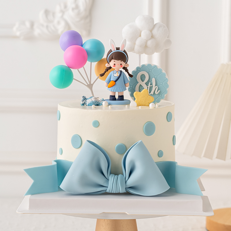 儿童生日蛋糕装饰可爱卡通兔兔背包女孩摆件白色云朵气球插件装扮