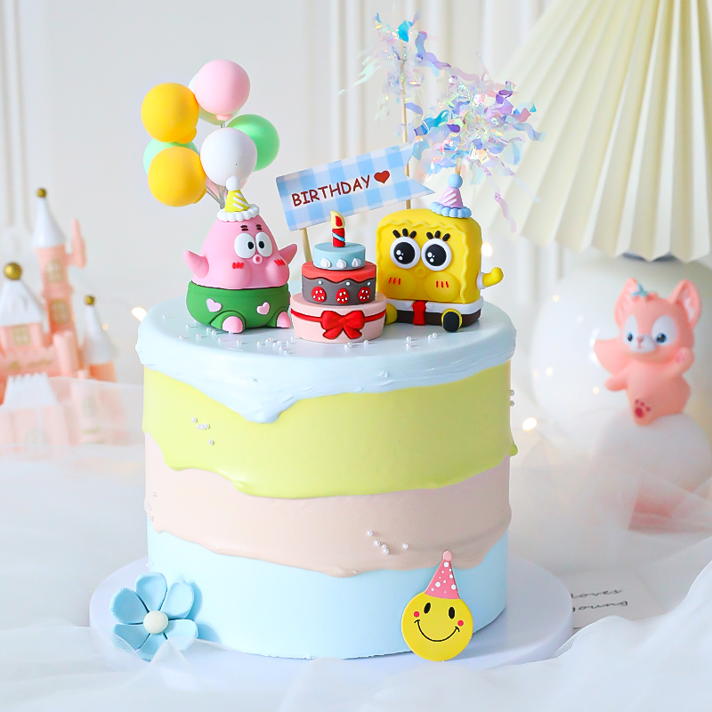 蛋糕装饰摆件卡通可爱海绵海星烘焙气球雨丝插件儿童宝宝生日装扮