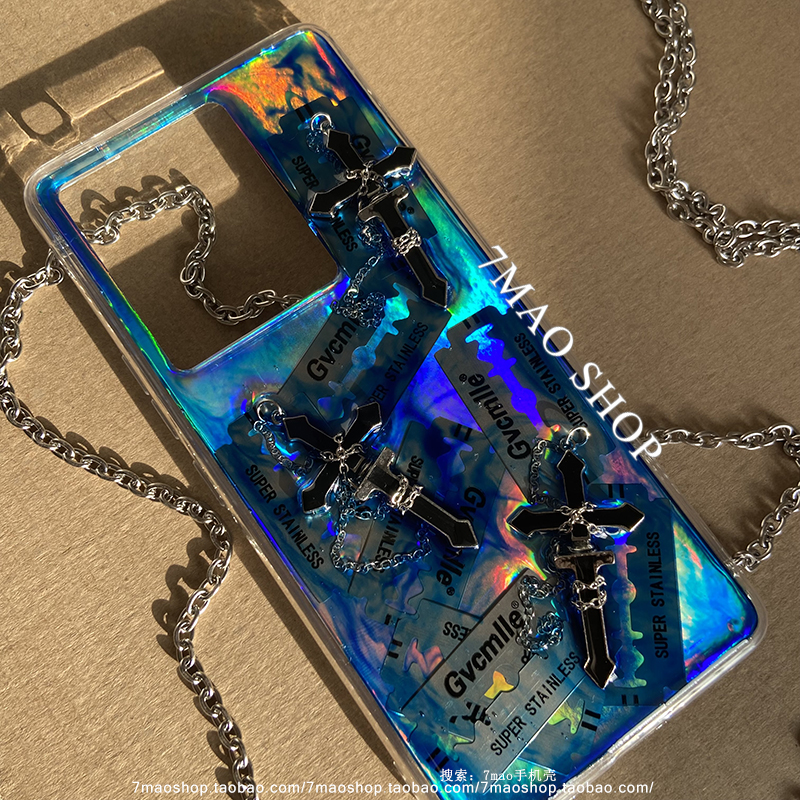 7mao家原创设计感吸睛蓝色刀片十字架适用iphone15promax 14 12暗黑风11手机壳mate60pro p50 reno9/10小米13
