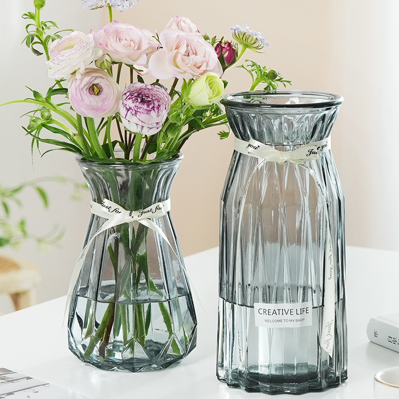 【二件套】北欧居家装饰玻璃花瓶透明水养富贵竹百合客厅插花摆件