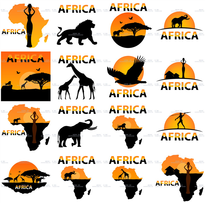 A3461矢量非洲地图动物草原人物插画剪影logo图 AI设计素材
