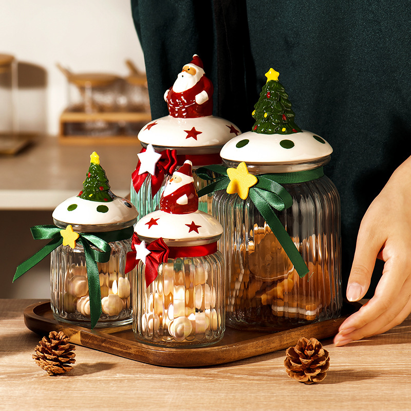 圣诞储物罐食品级玻璃密封罐子零食糖果杂粮收纳罐可爱卡通茶叶储