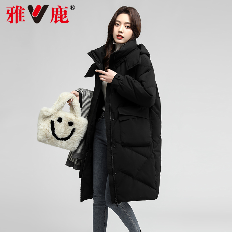 雅鹿黑色羽绒服女冬季2024年新款中长款韩版过膝加厚宽松保暖外套