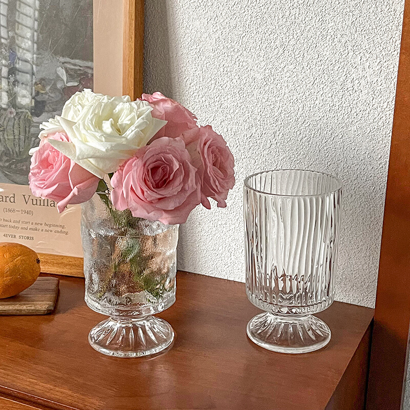欧式风复古浮雕透明玻璃高脚花瓶轻奢高级感水养插花餐桌装饰摆件