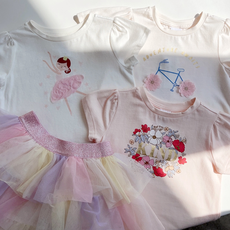 1-8澳女童纯棉柔软三色女童卡通花朵芭蕾女孩短袖花苞袖T恤