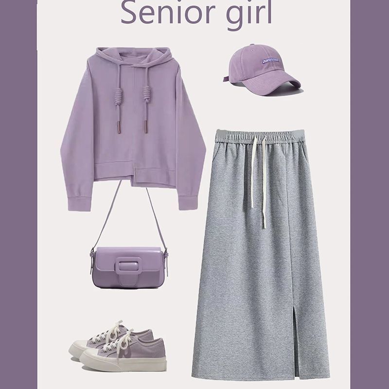 2023年春装搭配一整套女装盐系小香风早秋学院风紫色卫衣两件套装
