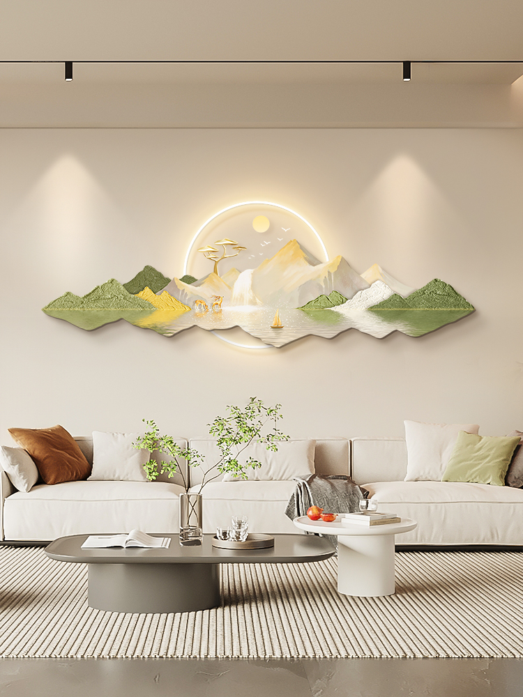 奶油风日照金山客厅装饰画高级感沙发背景墙挂画发光风景山水壁画