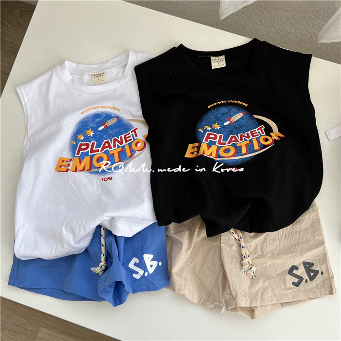 【现货】RQMM韩国童装 夏款 简约纯棉胸口彩色字母卡通火箭T恤