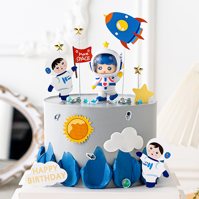 儿童生日蛋糕装饰卡通宇航员摆件太空主题派对甜品台火箭飞船插件