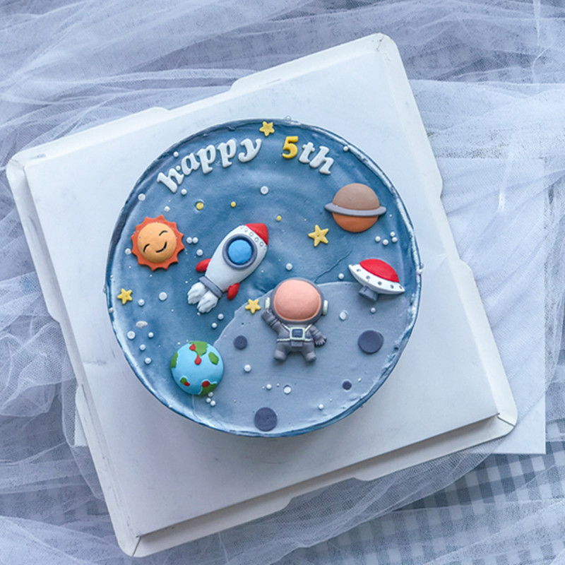 网红太空宇航员系列生日蛋糕烘焙摆件卡通火箭飞船地球树脂插件