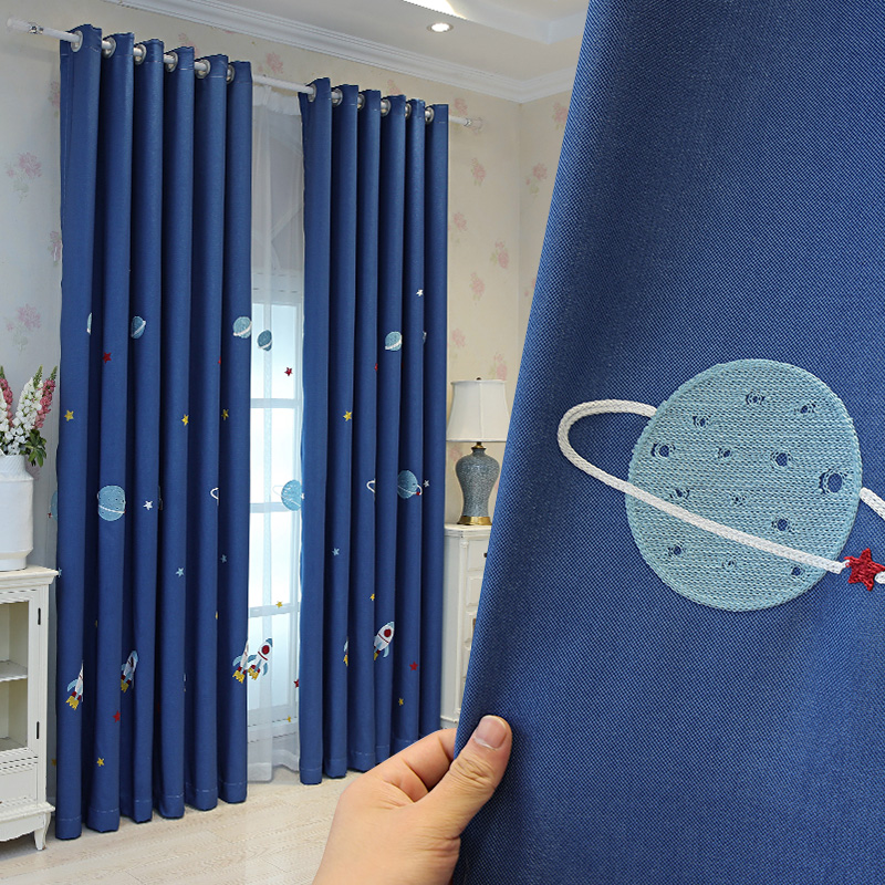 简约现代儿童房学生男孩房间卧室卡通成品飘窗短窗帘火箭飞船太空