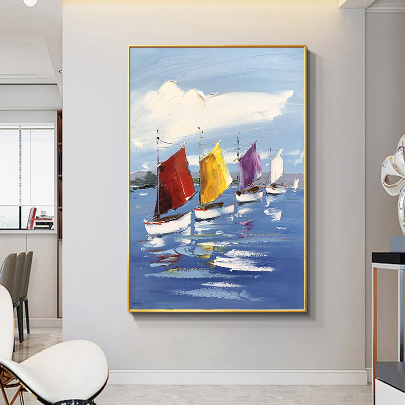 玄关客厅纯手绘油画抽象帆船蓝色风景电表箱装饰画儿童房挂画竖版
