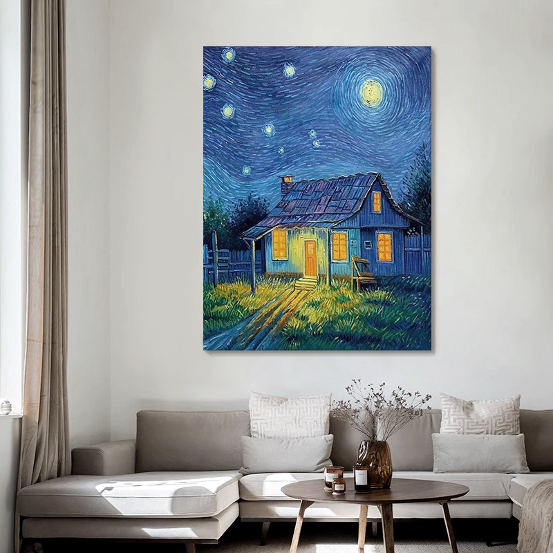 臻选梵高星空手绘油画客厅抽象蓝色夜晚房屋装饰壁画玄关小众艺术