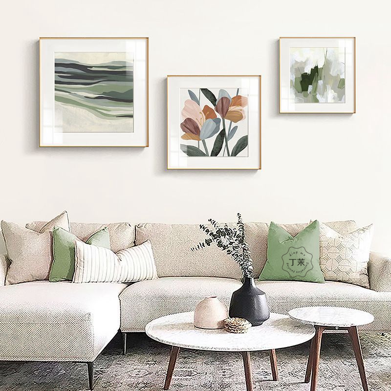 现代简约客厅装饰画北欧抽象沙发背景墙挂画风景花卉绿色壁画方形