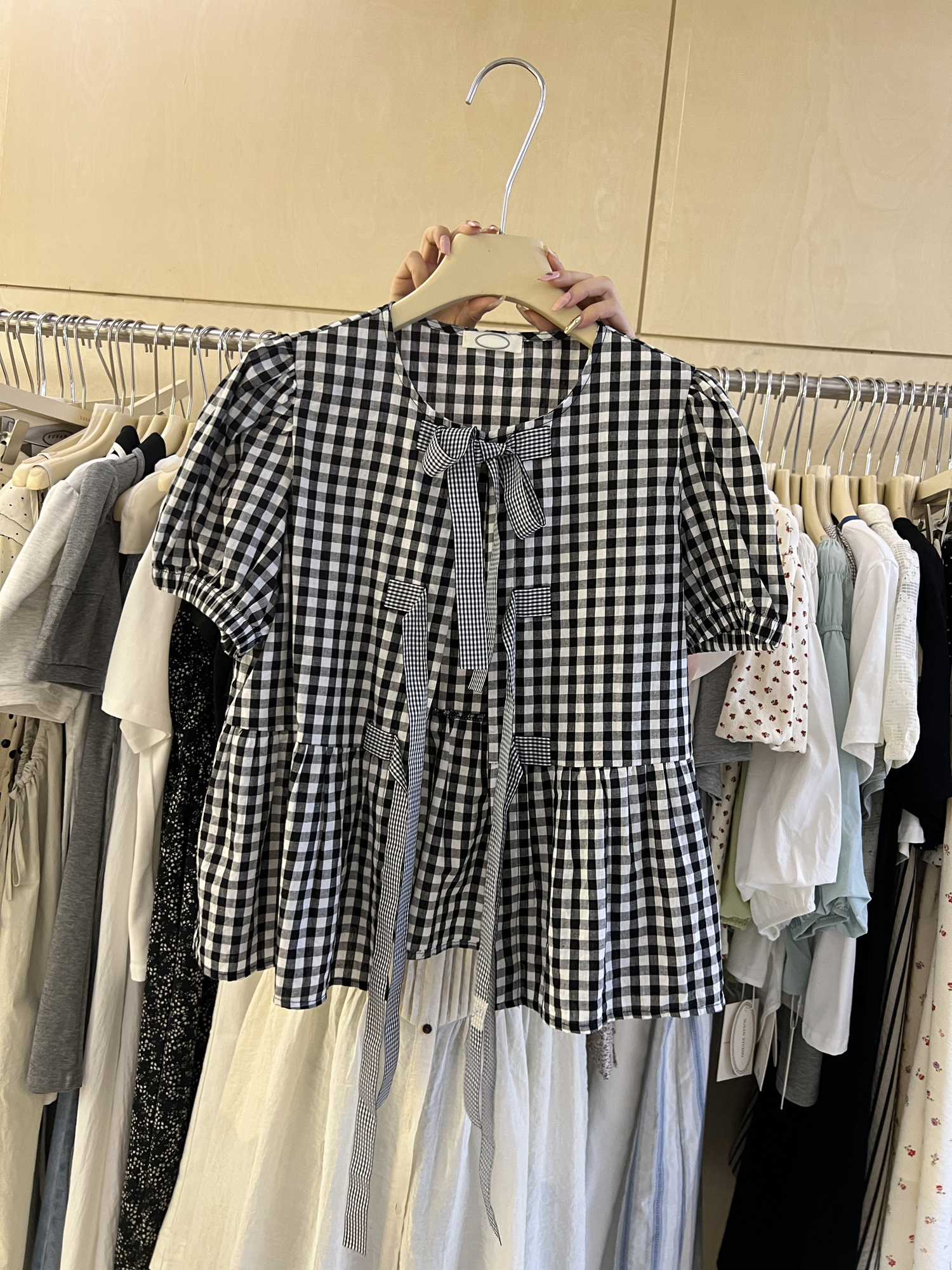 韩版夏季潮流时尚新款十三行田园风格子泡泡短袖甜美绑带开衫衬衣