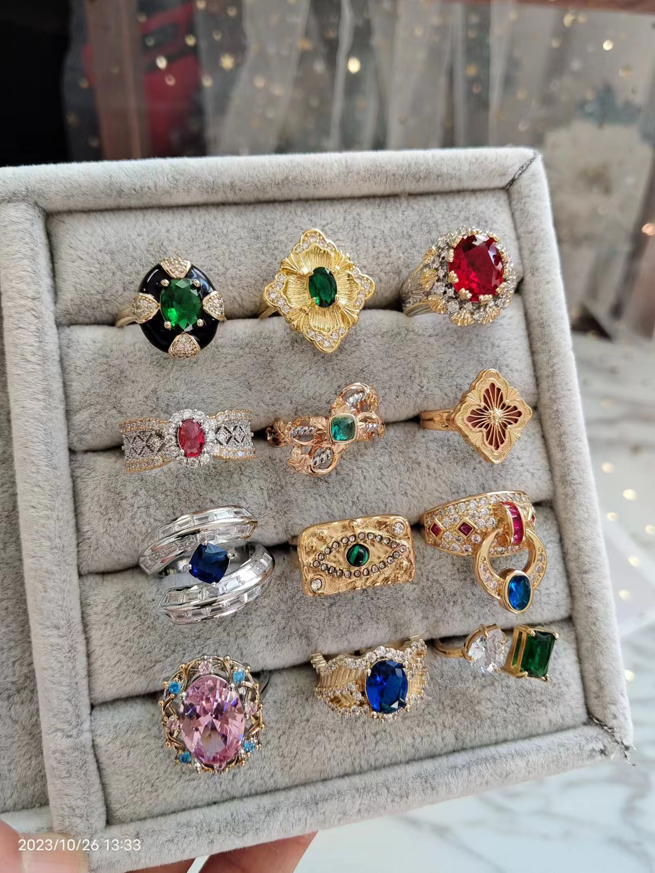 vintage古董珠宝高碳锆石戒指中古风高级感开口戒指重工满钻镶嵌