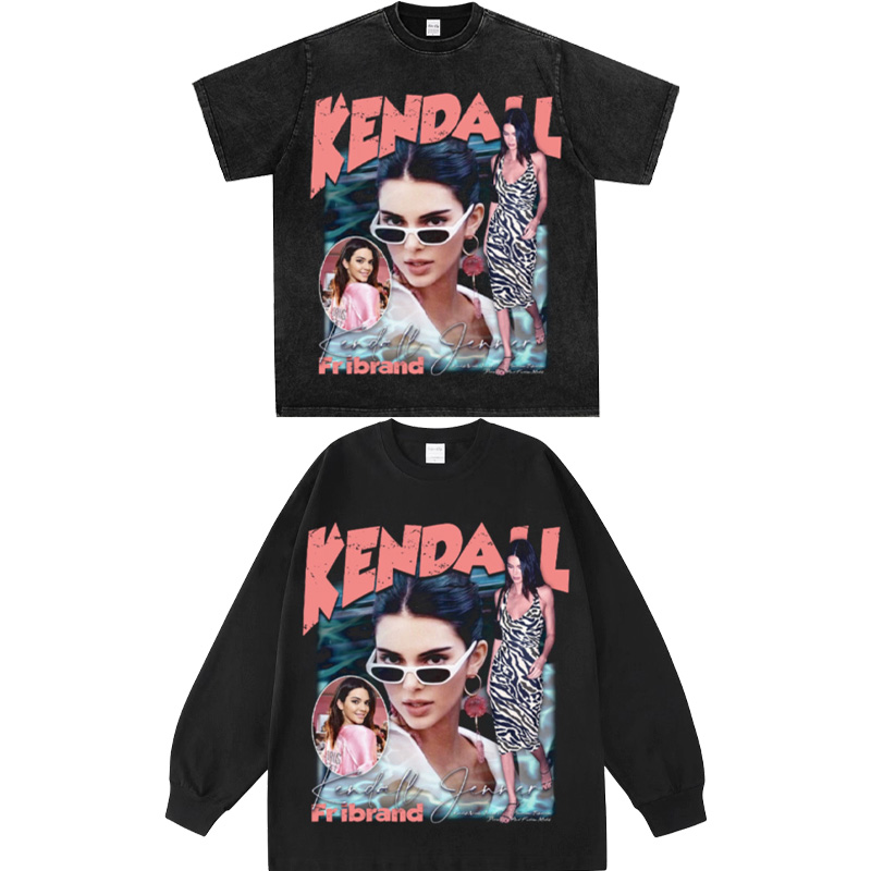Kendall Jenner肯豆詹娜美式重磅纯棉小领口宽松数码印花短袖t恤