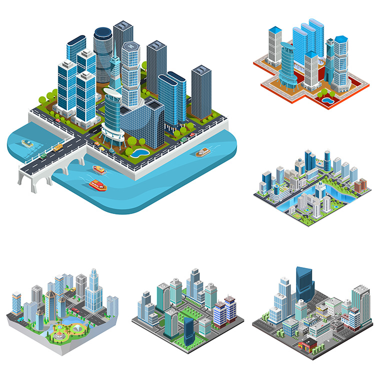 3D立体城市插画 时尚都市高楼大厦建筑商业楼 AI格式矢量设计素材