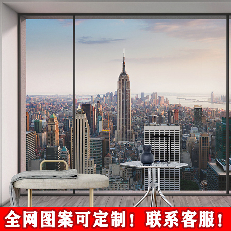 高楼大厦3d立体窗户背景墙落地窗纽约城市风景壁画布客厅沙发壁纸