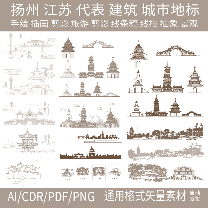 江苏扬州AI矢量地标旅游建筑海报线稿图城市剪影手绘插画设计素材