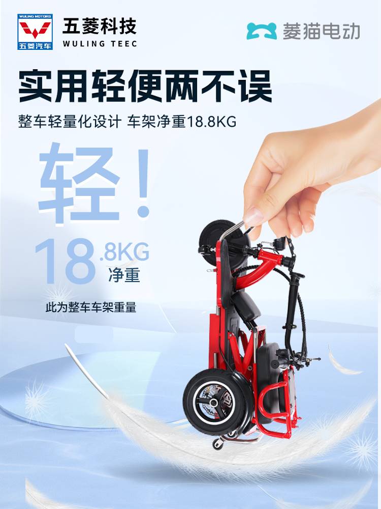 新款五菱菱猫折叠电动三轮车超轻便携双人代步车残疾人专用小型电