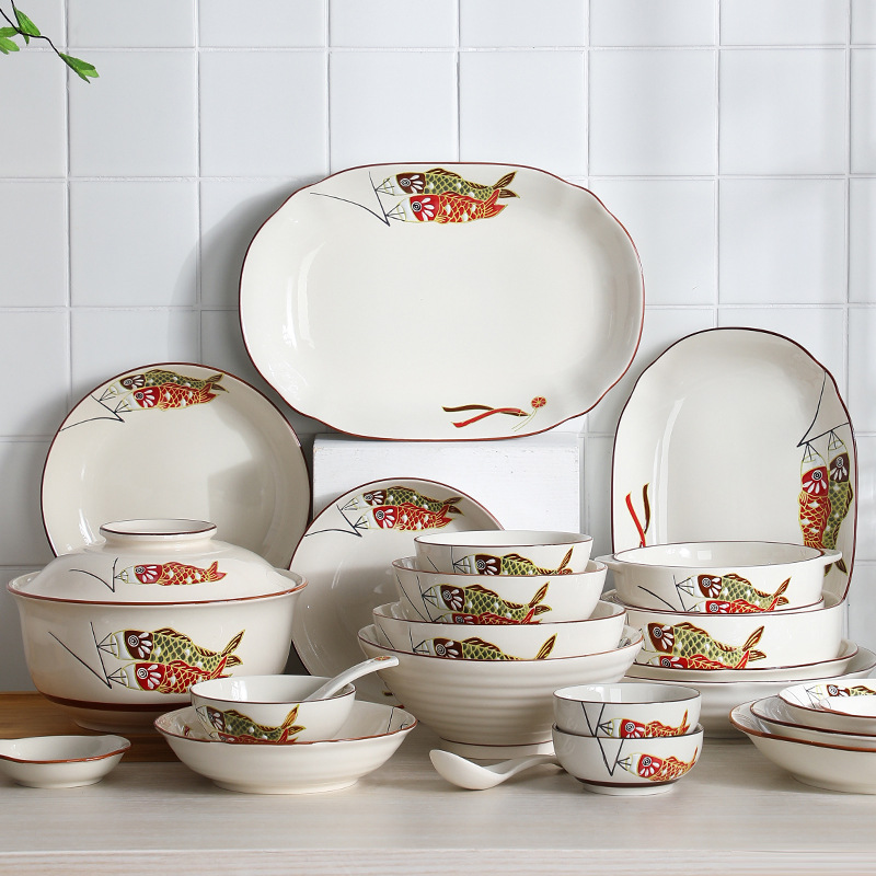 日式复古陶瓷餐具碗碟盘套装釉下彩家用乔迁鲤鱼带盖汤碗菜盘子