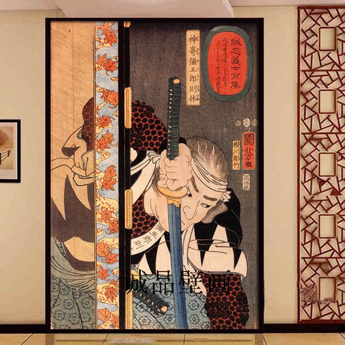 日本武士剑客墙纸日式古代浮世绘壁纸日本传统武士料理餐厅壁画布