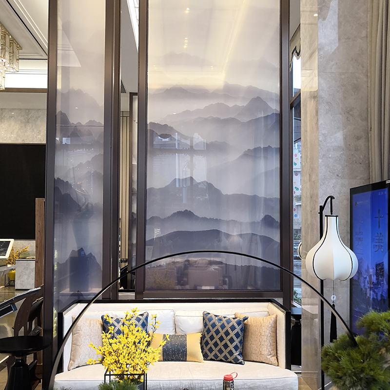 福州厂家新中式艺术山水抽像水默意境画夹丝夹绢玻璃屏风隔断背景