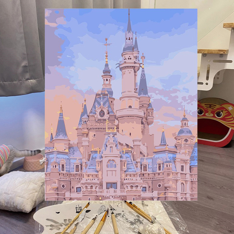 迪士尼城堡diy数字油画动漫手工丙烯画填充填色涂色油彩画肌理画