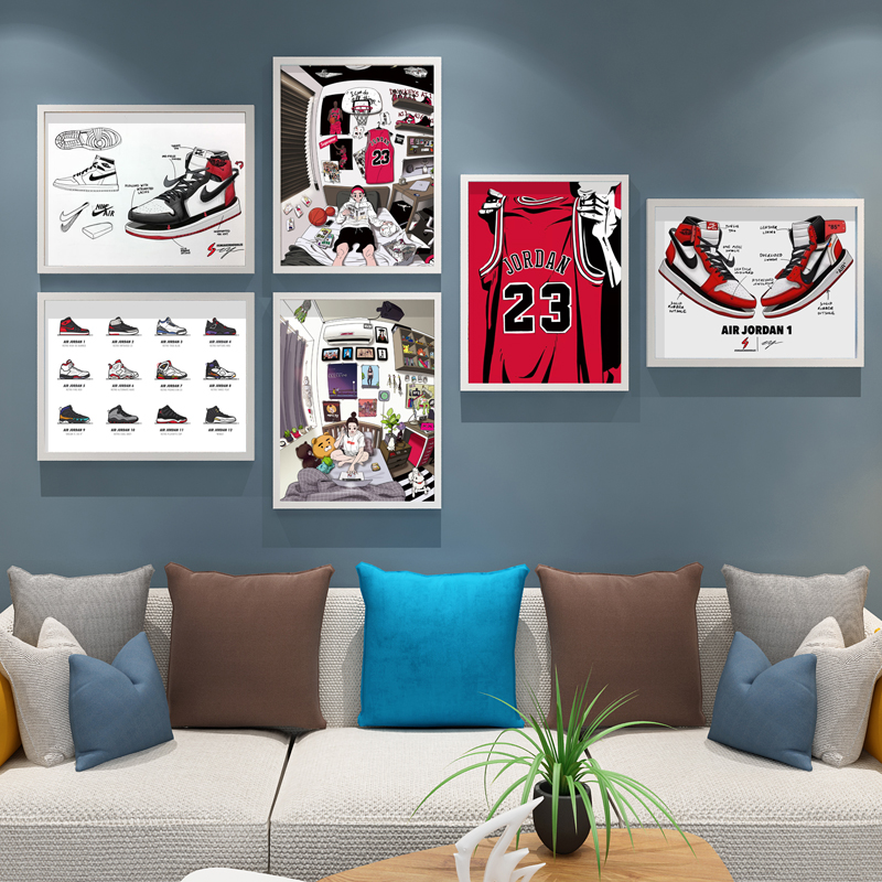 aj球鞋海报挂画NBA乔丹装饰画 KAWS潮牌创意插画照片墙艺术相框画