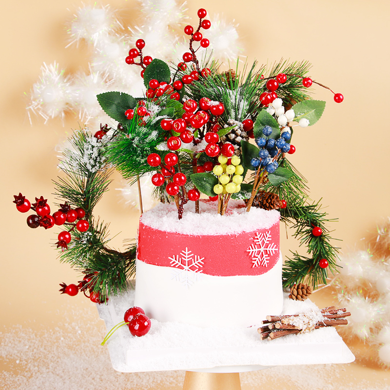 丰收果实蛋糕装饰摆件松树插牌雪花红果花环草圈圣诞氛围烘焙插件
