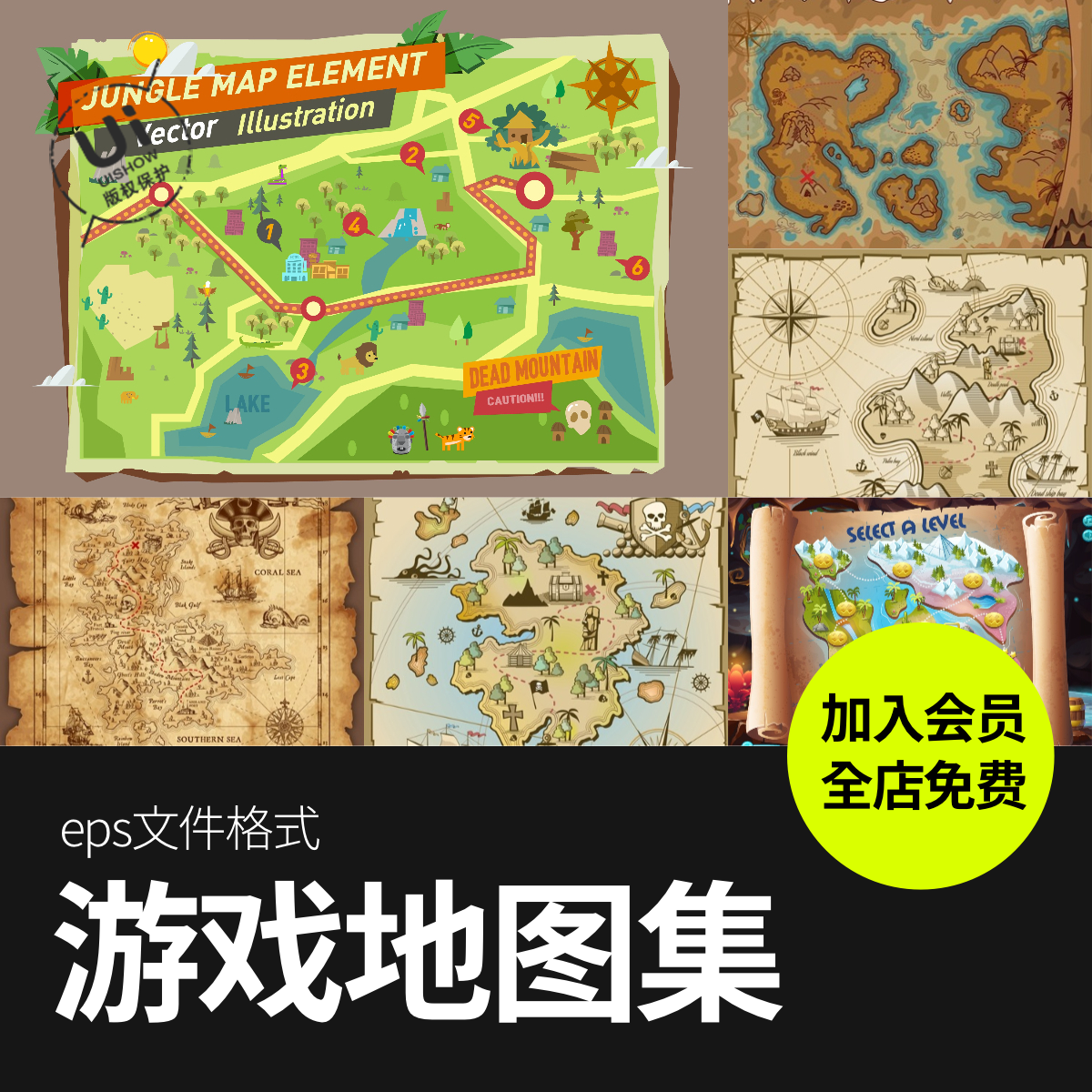 卡通丛林航海复古游戏藏宝图地图森林牛皮纸界面矢量图片设计素材