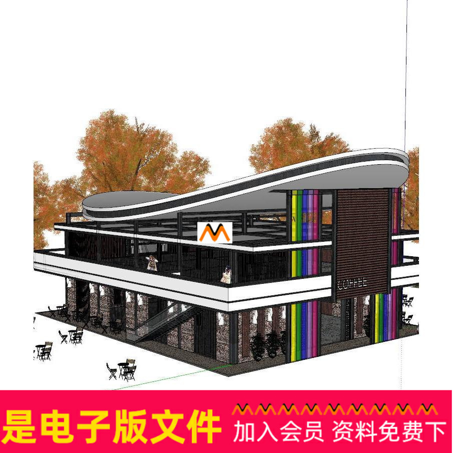 X249新古典民族现代主义二层钢结构休闲咖啡厅室餐厅工作室SU模型