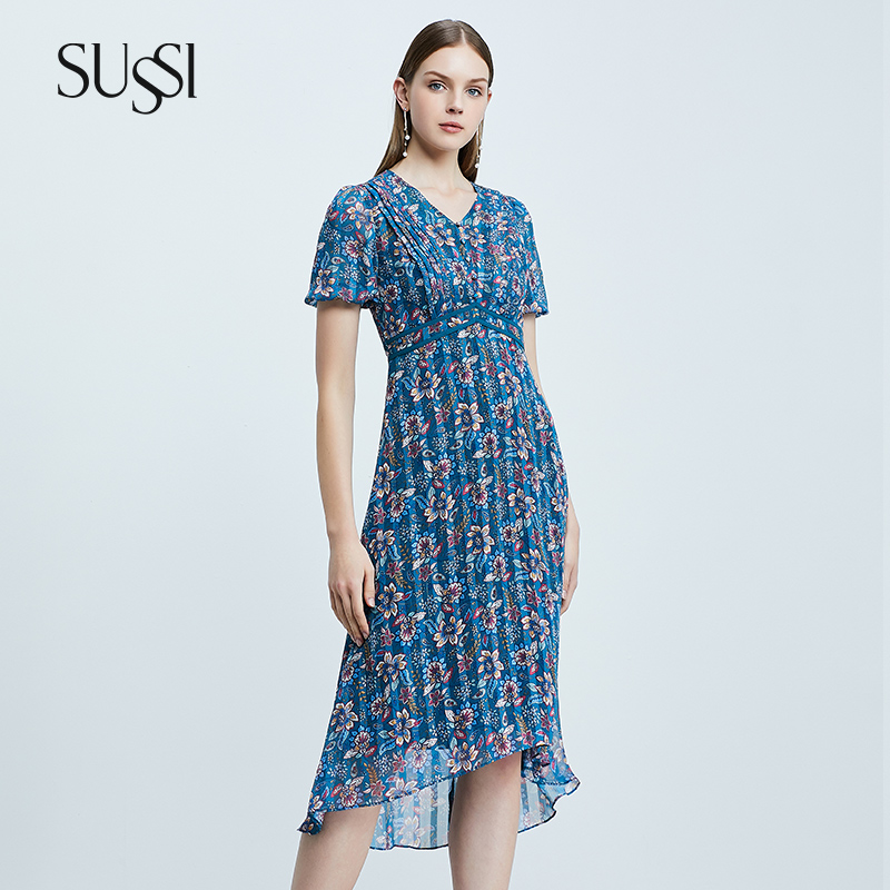SUSSI/古色夏季新品蓝色X型短袖雪纺灯笼袖印花连衣裙女