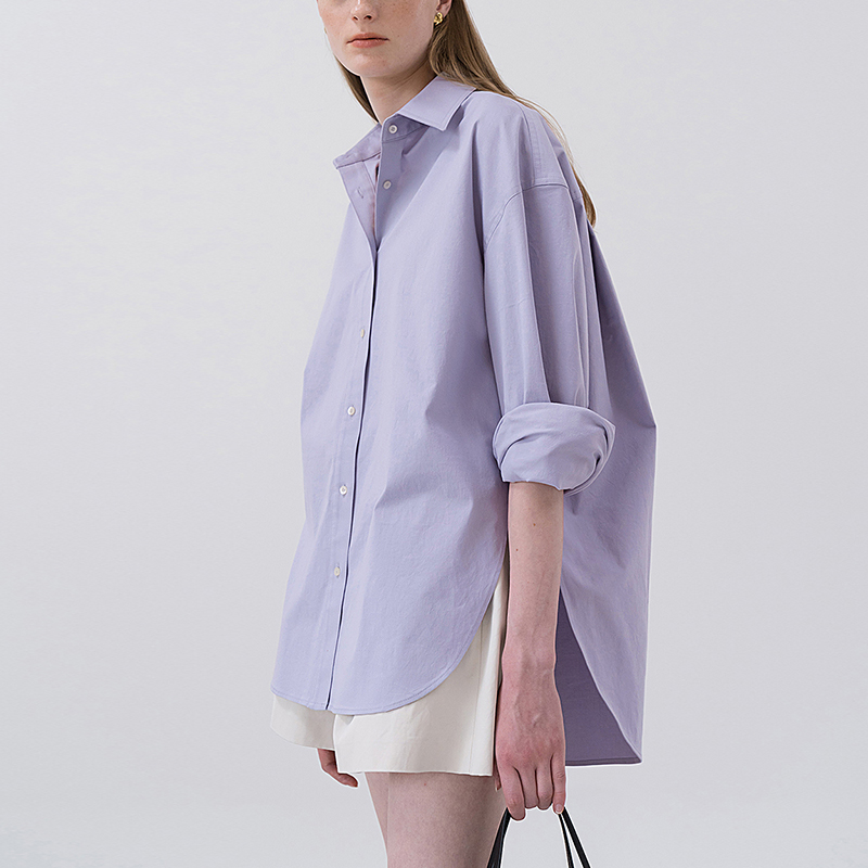 【纯棉】大码白色衬衫女宽松外套紫色男友风廓形oversize衬衣夏季