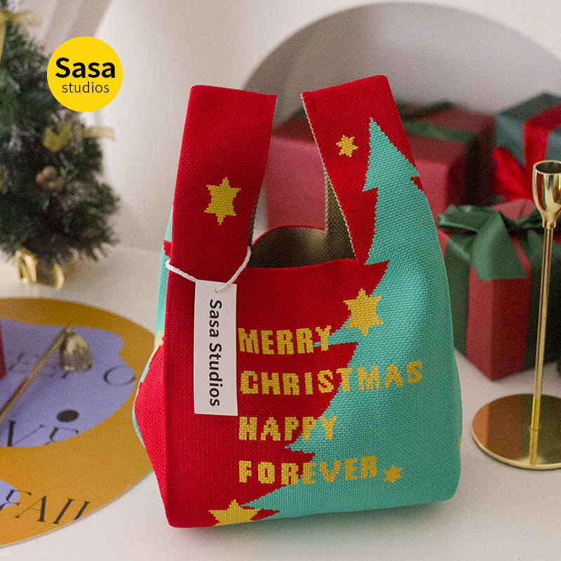 新款圣诞节礼物袋平安夜氛围手提针织包苹果包装盒休闲托特手拎包