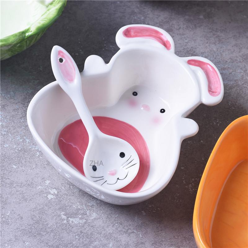 家用陶瓷碗卡通动物碗创意可爱手绘兔子沙拉碗白菜抱抱兔胡萝卜碗