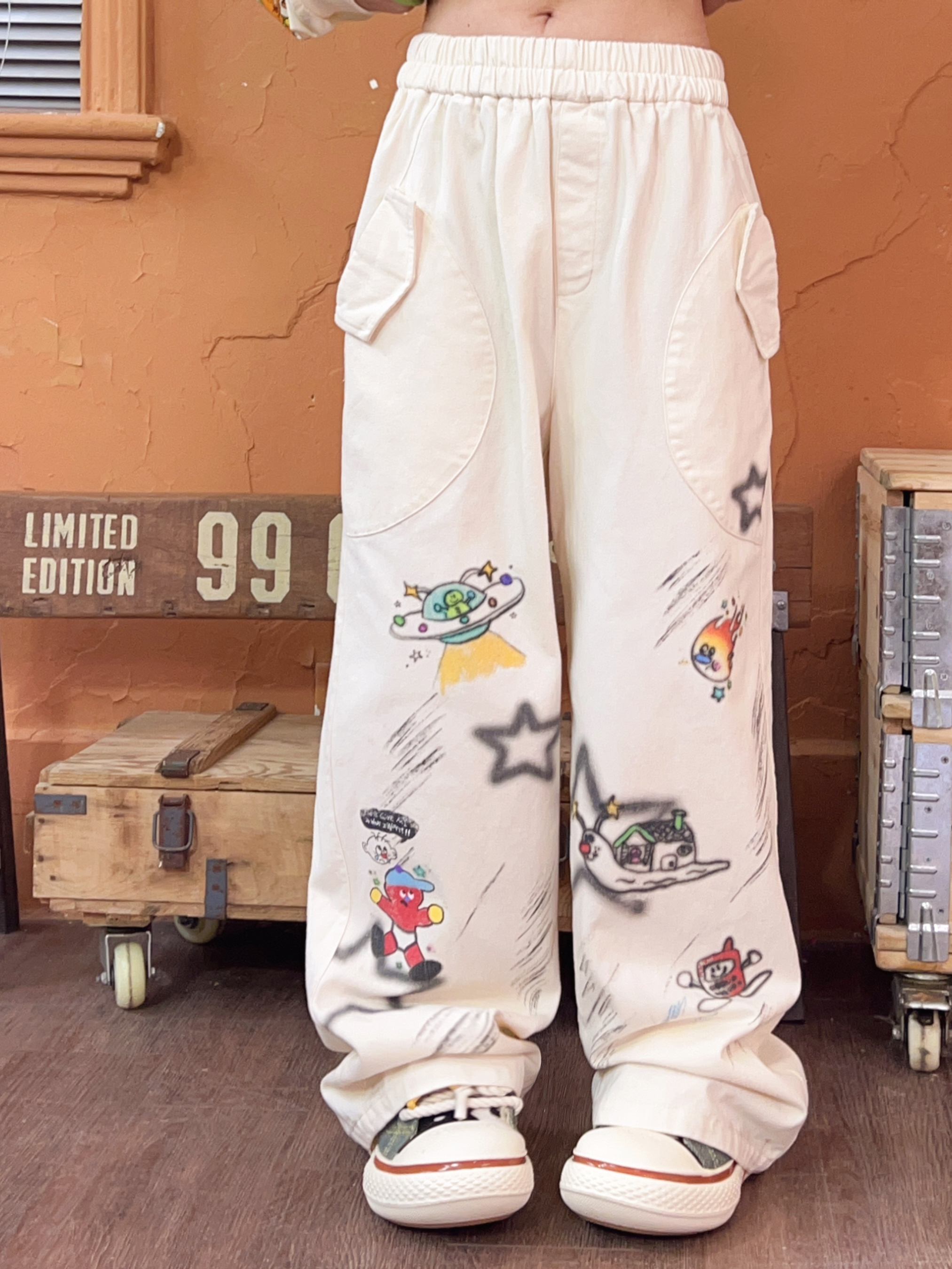Robootoo 原创童趣古着小众手绘印花白色全棉宽松显瘦松紧休闲裤