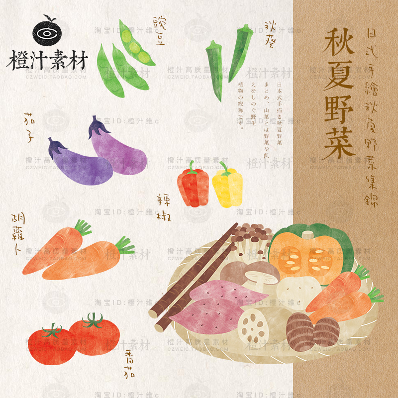 日式手绘小清新蔬菜野菜番茄胡萝卜插画包装矢量设计素材PNG图案