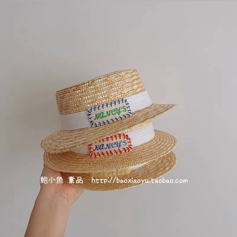 2024夏韩国东南大门ins儿童字母刺绣布标麦秆遮阳沙滩草帽礼帽子