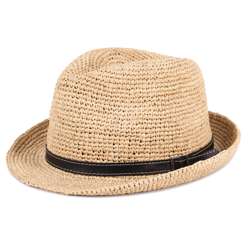 夏季男女士草帽拉菲草手编爵士帽遮阳卷边手工钩针沙滩出行小礼帽