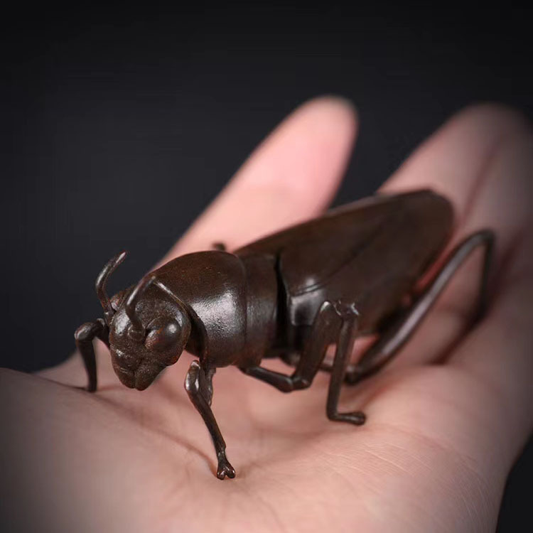纯铜仿真昆虫蚂蚱蝗虫翅膀可活动实心紫铜茶宠古玩小铜器铜雕把件